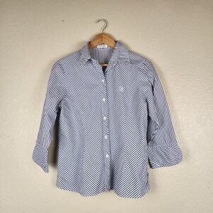 Georges Rech Womens Button Up Shirt 44 Blue White Striped 3/4 Sleeve Parisian...